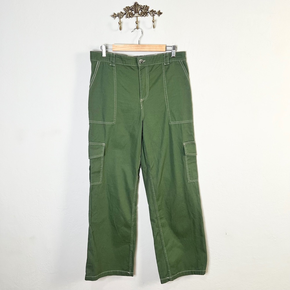 Full Tilt Cargo Pants Wide Leg Size XL Green‎ Contrast Stitch Utility Y2K